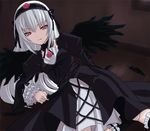  feathers hairband red_eyes rozen_maiden shimano_natsume silver_hair solo suigintou wings 