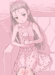  bow dress hair_bow hair_pulled_back hairband holding holding_stuffed_animal idolmaster idolmaster_(classic) idolmaster_1 limited_palette long_hair looking_at_viewer minase_iori pink shimano_natsume sitting smile solo stuffed_animal stuffed_bunny stuffed_toy 