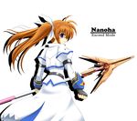  antenna_hair blue_eyes copyright_name fingerless_gloves flipper floating_hair from_behind gloves juliet_sleeves left-handed long_hair long_sleeves looking_at_viewer looking_back lyrical_nanoha magical_girl mahou_shoujo_lyrical_nanoha_strikers puffy_long_sleeves puffy_sleeves raising_heart simple_background solo standing takamachi_nanoha twintails uniform very_long_hair white_background wind 