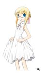  armpits bare_shoulders blonde_hair blue_eyes collarbone copyright_request cropped_legs dress glasses looking_at_viewer nekotama rimless_eyewear short_hair simple_background solo white_background white_dress 