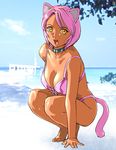  animal_ears arm_support barefoot bikini breasts cat_ears cleavage day large_breasts original pink_hair short_hair sideboob sitting sky solo squatting swimsuit tail ueyama_michirou water yellow_eyes 