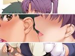  1girl bare_shoulders bedroom blush breast_press breasts brown_eyes camisole drawing furuhashi_chinatsu game_cg green_hair hetero kiriyama_taichi lips medium_breasts midriff open_mouth pink_eyes purple_hair smile sweet_home teeth whispering 