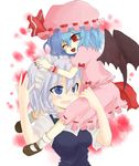  :d ;d bad_id bad_pixiv_id bat_wings blue_hair braid height_difference highres izayoi_sakuya maid_headdress multiple_girls niji_(nijioki) one_eye_closed open_mouth puffy_short_sleeves puffy_sleeves red_eyes remilia_scarlet short_hair short_sleeves silver_hair single_braid smile touhou white_background wings 