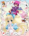  2boys alice_(wonderland) alice_in_wonderland blonde_hair blush card card_background cheshire_cat chikkuru floating_card green_eyes long_hair multiple_boys mushroom queen_of_hearts ribbon slit_pupils white_rabbit yellow_eyes 