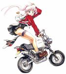  ground_vehicle honda minibike motor_vehicle motorcycle pink_eyes pink_hair riding solo sorachi_satoko traditional_media wheelie 
