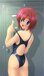  ass blue_eyes competition_swimsuit copyright_request ishii_akira locker locker_room looking_back one-piece_swimsuit red_hair short_hair smile solo swimsuit undressing 