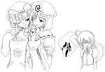  ghostface gloom_(expression) greyscale hands_on_shoulders hat jealous kirisato_itsuki konpaku_youmu konpaku_youmu_(ghost) monochrome multiple_girls one_eye_closed parody saigyouji_yuyuko saliva scream_(movie) short_hair sketch smile touhou yakumo_yukari yuri 