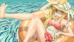  bikini blonde_hair blush bracelet breasts cleavage doughnut food frilled_bikini frills hand_on_headwear hat hat_ribbon innertube jewelry katoma kiss-shot_acerola-orion_heart-under-blade long_hair looking_at_viewer medium_breasts monogatari_(series) mouth_hold navel nisemonogatari oshino_shinobu partially_submerged ribbon shiny shiny_skin side_ponytail sitting solo swimsuit teenage water wet yellow_eyes 