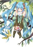  bad_id bad_pixiv_id bird blue_eyes blue_hair book cup detached_sleeves flower hair_flower hair_ornament hatsune_miku headset highres in_tree long_hair ribbon-trimmed_clothes ribbon_trim sakuragi_ren scarf sitting sitting_in_tree solo teacup thighhighs tree twintails very_long_hair vocaloid white_scarf 