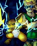  ambiguous_gender blonde_hair blue_eyes electricity eyewear hair haychel human lt_surge male mammal nintendo orange_body orange_eyes pok&#233;mon pok&eacute;mon raichu sunglasses video_games 