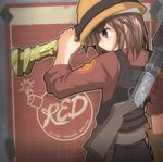  blueprint brown_eyes brown_hair cosplay frontier_justice goggles gold golden_wrench gun hangaku hardhat helmet highres mining_helmet misaka_imouto overalls reverse_grip serious short_hair shotgun solo team_fortress_2 the_engineer the_engineer_(cosplay) to_aru_kagaku_no_railgun to_aru_majutsu_no_index typo weapon wrench 