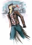  avian beak belt bird black_body clothing dean_(marxophone) feathers green_eyes grin jacket jeans leather lounginglizards male marxophone pants plain_background pose shirt skyline smile solo standing toucan white_background yellow_body 