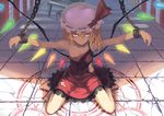  annoyed blonde_hair chain cuffs curtains dress flandre_scarlet hat hat_ribbon instrument kubrick_stare legs looking_at_viewer madyy magic_circle no_nipples off_shoulder piano red_eyes ribbon shackles side_ponytail sitting solo thighs torn_clothes touhou wariza window wings 