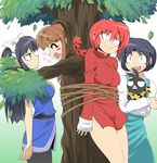  2boys 3girls blue_hair blush bottomless braid breasts brown_hair chinese_clothes cowboy_shot disguise eyes_closed female genderswap heart hibiki_ryouga kara_age kuonji_ukyou kurenai_tsubasa large_breasts long_hair multiple_boys multiple_girls no_pants open_mouth p-chan pig ranma-chan ranma_1/2 red_hair rope saotome_ranma short_hair simple_background single_braid smile tangzhuang tendou_akane trap tree 