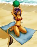  beach bikini brown_body clothed clothing feline female hair hindpaw kneeling lion mammal paws purple_hair raised_arm seaside skimpy solo swimsuit vilani vilani_(character) water 