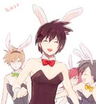  4boys angry animal_ears bad_id bad_pixiv_id bangs black_hair blush bunny_boy bunny_ears crossdressing embarrassed gold_(pokemon) hirosuke_(psychexx) multiple_boys necktie ookido_green open_mouth pokemon pokemon_special red_(pokemon) red_hair ribbon short_hair silver_(pokemon) simple_background smile sweatdrop 