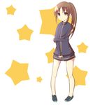  bare_legs bottomless brown_eyes brown_hair hinnketsugimi jacket legs long_hair long_sleeves naked_track_jacket no_panties no_pants no_socks ponytail saki saki_achiga-hen shoes sleeves_past_wrists sneakers solo star takakamo_shizuno track_jacket 