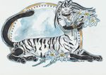  chakat feline female flower heather_bruton lying mammal plain_background solo stripes taur tiger white_background white_tiger 