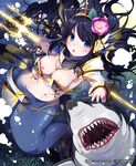  armor bad_id bad_pixiv_id black_hair blue_eyes breasts cleavage flower hair_flower hair_ornament head_fins large_breasts lena_(zoal) long_hair lovely_mermaid mermaid monster_girl navel parted_lips pasties polearm shark shingeki_no_bahamut solo trident underwater watermark weapon 