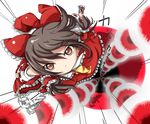  ascot black_hair bow danmaku detached_sleeves flying frown gohei hair_bow hair_tubes hakurei_reimu kikurage_(sugi222) ofuda red_eyes solo touhou 