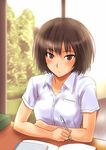  amagami black_hair blush bob_cut book brown_eyes desk dress_shirt expressionless mechanical_pencil murasaki_iro nanasaki_ai pencil shirt short_hair solo tree window 