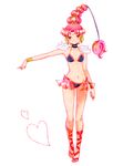  amazons_quartet bikini bindi bishoujo_senshi_sailor_moon blush bracelet choker full_body jewelry long_hair midriff multi-tied_hair navel red_eyes red_hair sandals shoulder_pads smile solo swimsuit torao_(torakmn) vesves_(sailor_moon) white_background 