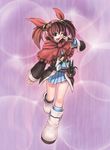  bell blue_eyes boots brown_hair duel_monster fingerless_gloves gloves highres pointy_ears saambell_summoner skirt twintails yu-gi-oh! yuu-gi-ou_duel_monsters 