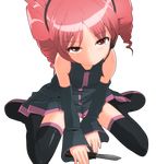 balisong detached_sleeves drill_hair frown full_body hangaku headset highres kasane_teto knife pink_eyes pink_hair sitting solo thighhighs transparent_background twin_drills twintails utau weapon 
