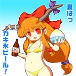  bikini bottle bow fang gomi_ichigo gradient gradient_background hair_bow highres holding horns ibuki_suika long_hair navel open_mouth orange_hair red_eyes solo swimsuit touhou translation_request 