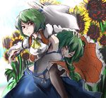  abdominal_stretch armpits ascot crying dress flower green_hair highres kazami_yuuka kochiya_sanae long_hair midriff multiple_girls navel pain pantyhose perspective ryona sadism short_hair submission_hold sunflower sunlight touhou wakie wince wrestling 