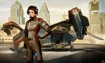  aircraft artist_request black_hair brown_eyes brown_hair building city cyberpunk deus_ex deus_ex:_human_revolution faridah_malik gloves headset highres jumpsuit lips mole pilot_suit production_art realistic science_fiction solo 