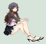  bare_legs breasts brown_eyes brown_hair cabbie_hat crossed_legs fasces feet full_body hat high_heels highres jacket large_breasts long_hair looking_at_viewer original shoes simple_background sitting skirt solo star toenail_polish toes 