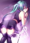  aqua_hair ass bad_id bad_pixiv_id bent_over black_legwear hatsune_miku holding kinta_(distortion) long_hair looking_at_viewer one_eye_closed purple_eyes skirt solo sweet_devil_(vocaloid) thighhighs tongue tongue_out twintails very_long_hair vocaloid zettai_ryouiki 