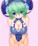 adapted_costume asamura_hiori blue_eyes breasts candy_crown cleavage cleavage_cutout elf green_hair hat highres large_breasts melfonseana one-piece_swimsuit phantasy_star phantasy_star_online_2 pink_background pointy_ears short_hair swimsuit 