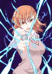  brown_eyes brown_hair coin electricity hair_ornament hairpin kurogane_(blackxsilver) misaka_mikoto school_uniform solo to_aru_kagaku_no_railgun to_aru_majutsu_no_index 