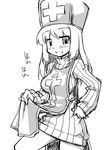 akou_roushi blush cross dragon_quest dragon_quest_iii greyscale hand_on_hip long_hair mitre monochrome priest_(dq3) ribbed_sweater smile solo sweater tabard 