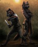  canine clothed clothing couple darkicewolf duo eyewear glasses gun half-dressed knife loincloth male mammal pose ranged_weapon smug topless uniform weapon yellow_eyes 