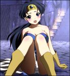  black_hair blue_eyes blush boots breasts chunsoft cleavage dragon_quest dragon_quest_iii enix gloves highres large_breasts long_hair looking_at_viewer open_mouth panties roto sitting solo spread_legs stairs underwear white_panties yadokari_genpachirou 