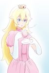  anonymous_drawfag blonde_hair blue_eyes crown cup dress elbow_gloves gloves long_hair mario_(series) mini_crown pink_dress princess_peach saucer solo super_mario_bros. teacup white_gloves 