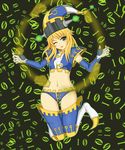  1girl blonde_hair blue_panties blush duel_monster elbow_gloves fingerless_gloves gloves green_eyes hat highres krebons midriff navel panties personification smile solo tongue tongue_out underwear wink yu-gi-oh! yuu-gi-ou_duel_monsters 
