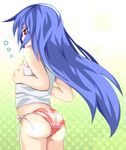  ass blue_hair flat_chest highres hinanawi_tenshi long_hair no_hat no_headwear panties red_eyes side-tie_panties solo striped tank_top touhou underwear underwear_only zamudelin 