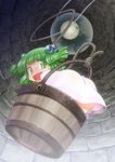  blush bucket full_moon green_eyes green_hair hair_bobbles hair_ornament in_bucket in_container kisume mizuki_hitoshi moon open_mouth rope solo touhou twintails well wooden_bucket 