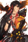  armor bad_id bad_pixiv_id bird black_armor black_hair coat daizu_yan elsword fire gauntlets jewelry long_hair male_focus mechanical_arm multicolored_hair necklace object_namesake raven_(elsword) red_hair serious solo streaked_hair two-tone_hair veteran_commander_(elsword) white_background yellow_eyes 