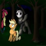  apple_bloom_(mlp) applejack_(mlp) blade blonde_hair blood cowboy_hat cub cutie_mark cutie_mark_crusaders_(mlp) dead equine female feral forest friday_the_13th friendship_is_magic hair hanging hat horse imminent_death jason_voorhees male mammal mask mushroom my_little_pony night parody ponification pony red_hair rule1of1coldfire tree wood young 