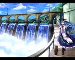  blue_hair boots cloud cross day dress food fruit hat highres hinanawi_tenshi izayoi-saki letterboxed long_hair mountain peach red_eyes sky solo suitcase touhou water waterfall 