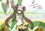  black_legwear blue_eyes brown_hair copyright_name double_bun gen_5_pokemon legwear_under_shorts long_hair looking_at_viewer mei_(pokemon) mihaya_(a-ta-i) outstretched_arm pantyhose pokemon pokemon_(creature) pokemon_(game) pokemon_bw2 ribbon serperior shorts smile twintails very_long_hair visor_cap watch wristwatch 