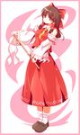  ascot bad_id bad_pixiv_id banned_artist bow brown_eyes brown_hair detached_sleeves gohei hair_bow hair_tubes hakurei_reimu highres kisaragi_zwei long_hair skirt smile solo touhou 