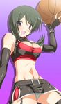  bare_shoulders basketball black_hair black_legwear blush breasts cleavage cleavage_cutout elbow_gloves fingerless_gloves garter_straps gloves hairband halter_top halterneck kami_nomi_zo_shiru_sekai large_breasts long_hair microskirt midriff nagase_jun navel open_mouth panties pantyshot pantyshot_(standing) purple_eyes side_ponytail skirt smile solo spiked_hairband spikes standing thighhighs toned underwear yuto_(dialique) 