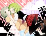  ahoge black_legwear dual_persona green_eyes green_hair gumi juugonichi_(wheeliex2) looking_at_viewer multiple_girls one_eye_closed pantyhose plaid school_uniform setsuna_trip_(vocaloid) shoes short_hair skirt smile vocaloid 