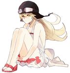  bad_id bad_pixiv_id blonde_hair dress goggles helmet leg_hug long_hair long_legs mmff06 monogatari_(series) nisemonogatari open_toe_shoes oshino_shinobu sandals shoes solo yellow_eyes 